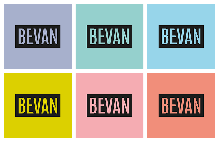 Bevan logos on different brand colour backgrounds